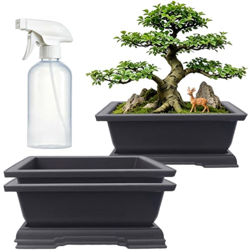 MUZHI 3PCS Retro Style Large Rectangular Garden Pots Bonsai Planters Pot with Tray Mocha Plastic Plant Pot with Pallet 8.9" (3PCS Rect 8.9") - size: 3PCS Rect 8.9"