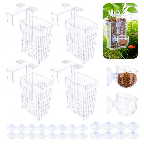4 Pcs Hanging Aquarium Plant Holder with Feeders, Adjustable Height Fish Tank Plant Holder with Extendable Hook and Suction Cup, Pothos Aquarium Plant Holder for Aquaponic Plants and Decoration(White) - color: Transparent