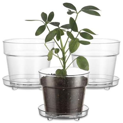WHJY 4.7 Inch Clear Plastic Nursery Pots with Drainage Holes & Deep Saucer 3 Pack PET Round Planters for Indoor Plants Succulents Flowers Windowsill Gardening - size: 4.7”
