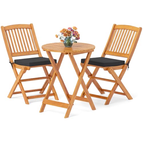 GIANTEX 3 Pieces Acacia Wood Bistro Set, Outdoor Folding Table & Chairs - color: Natural & Black