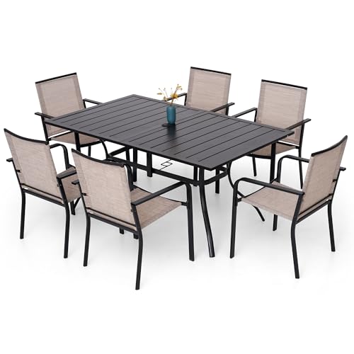 Anmutig 7-Piece Outdoor Dining Set, 63" Patio Table, Stackable Chairs Beige - color: Beige Fabric + Black Frame, size: 63"*38"*28"