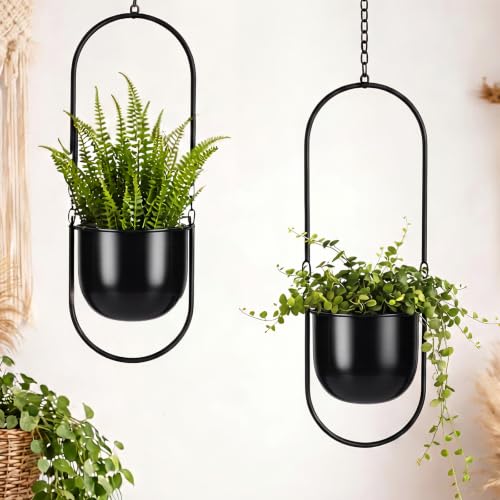Fumete 2 Set Black Hanging Planters with Chains Metal Plant Hanger Wall Mounted Iron Flower Pot Holder for Indoor Outdoor Plants, Planting Ivy and Fern for Window Porch Balcony and Home Decor