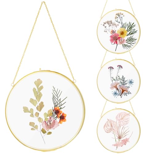 5 Inch 4 Pcs Pressed Flower Frames Double Glass Frame Wall Decor, Gold | Craft Kit for Adults & Women, Round Hanging Wall Decor, Floating Art Project, Clear DIY Vintage Artwork Display Holder - color: Gold, size: 5 Inch