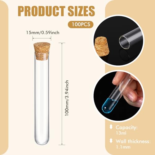 Thyle 100pcs Glass Test Tubes Bulk with Cork Clear Stoppers, 15x100mm/13ml - size: 15x100mm/13ml