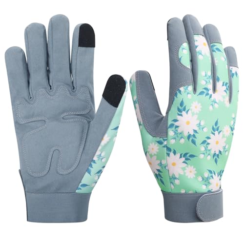 Gardening Gloves for Women, Thorn Proof Garden Gloves with Touchscreen | Leather Palm Breathable Back, Cute Floral Printed Ladies Work Glove for Outdoor Yardwork