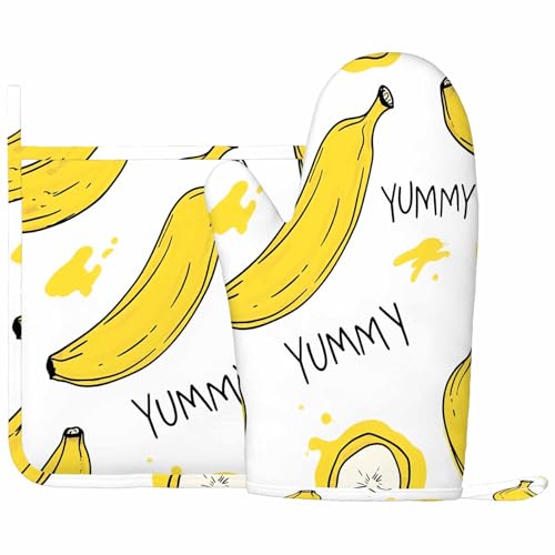 Mxocom Banana with Slices Oven Mitts and Pot Holders Sets Yummy Yellow Banana Silicone Heat Resistant Kitchen Oven Gloves Pot Holder for Cooking - color: Banana With Slices