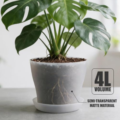 6 Pack 8 Inch Clear Nursery Plant Pots with Large Drainage Holes &Saucer | Plastic Translucent Flower Pots - Durable Outdoor/Indoor Planters for Succulents, Herbs, Cacti, Houseplants, Gardening Gifts - color: Translucent