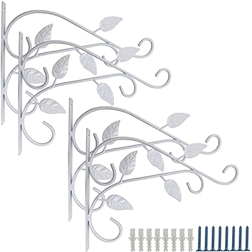 RONYOUNG 4PCS Hanging Plant Bracket 12in Metal Wrought Iron Planter Hooks Wall Mounted Decorative Hanger Hook for Hanging Indoor Outdoor Planter Flower Pot Bird Feeder Wind Chime Lanterns (White)