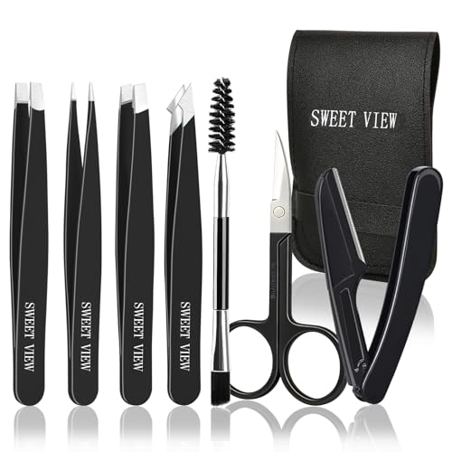 SWEET VIEW 7PCS Tweezers Kit for Women Facial Hair & Brow - color: Black
