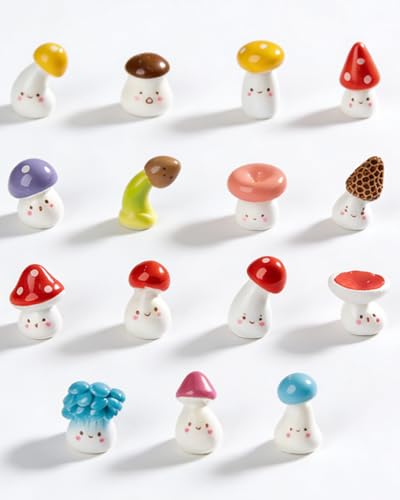15PCS Mini Resin Mushrooms with Cute Expressions for Terrarium, DIY Landscape Ornaments, Potted Plants, Dollhouse Decor
