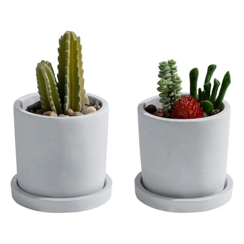MyGift Mini Gray Concrete Succulent Pots with Removable Saucers, Set of 2