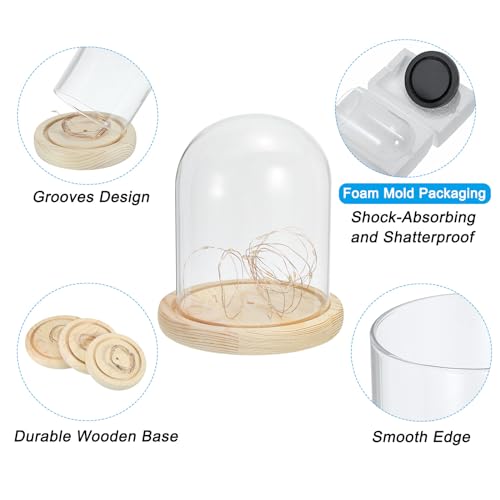 PATIKIL 6.1"x4.7" Clear Cloche Glass Dome, Glass Bell Jar Display Case Tabletop Centerpiece with Wood Base and LED Fairy Light for Wedding Home Decor - size: 6.1x4.7"