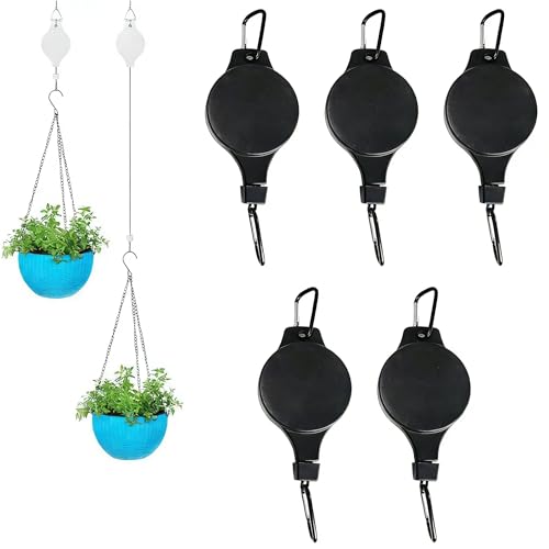5PCS Retractable Plant Pulley Hanger Hook - Height Adjustable for Hanging Flower Pots, Baskets & Bird Feeders（5PCS Black） - color: 5pcs-black