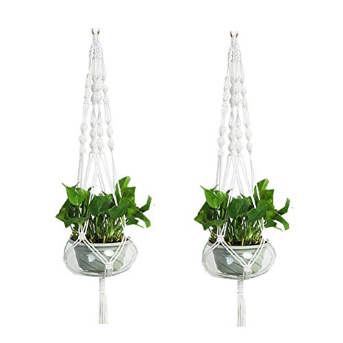 Set of 2 Macrame Plant Hanger Nylon Rope Wall Hanging Planter Basket for Indoor Outdoor Flower Pot Plant Holder Wall Art Vintage-Inspired Home Decor, with Metal Ring 4 Legs 39 inch (White) - color: White