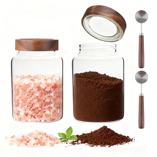 60 oz Glass Coffee Jars with Wooden Airtight Lid Spoon Clear Herb Ground Canister Round Food Storage Container for Sugar Pantry Flours Tea Coffee Bean Spice Cookies (1800ml/60oz-2PACK（with spoon)) - color: 1800ml/60oz-2PACK（with spoon)