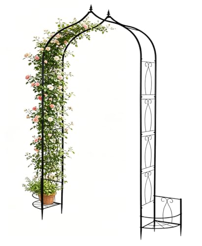 Metal Garden Arbors 8Ft Thickened Arch Trellis for Climbing Plants | Outdoor Arbor with Planter Box Rustproof Trellises Grapes Rose Wedding Arched Entrance Backdrop Stand Party Event Decoration - color: Arch with Planter Box