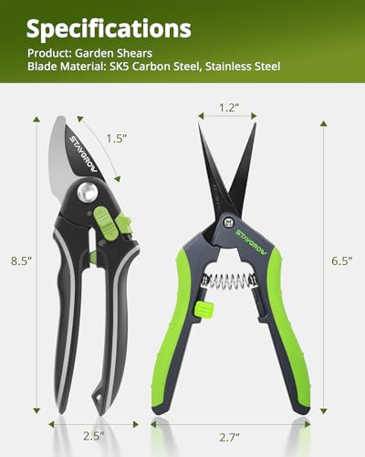 Gardening Scissors, Sharp Plant Trimming Scissors 2 Pack - size: 6.5" Straight & 8.5" Bypass
