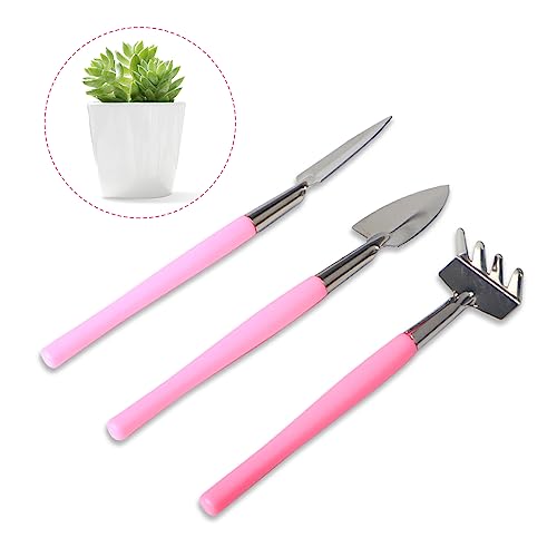 Mini Gardening Tools, 3Pcs Stainless Succulent Tools Kit Shovel Rake Trowel, 2 Colors Hand Shovel for Gardening for Indoor Small Plants, Succulents, Potted Plants, Bonsai (Pink)