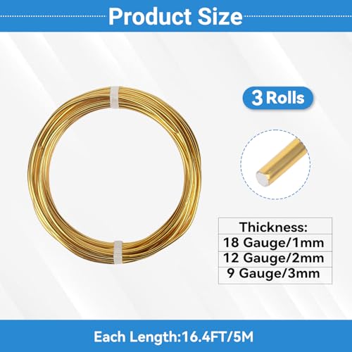 3 Rolls Aluminum Craft Wire Kit with Side Cutter Pliers, Multi-Size [18/12/9] Gauge, Flexible Metal Wire Set for Jewelry Making, Bonsai and Sculpting (49.2 Ft Total, 16.4 Ft/Roll, Gold) - size: 3 Gauges Set 16.4Ft Each, style: Gold