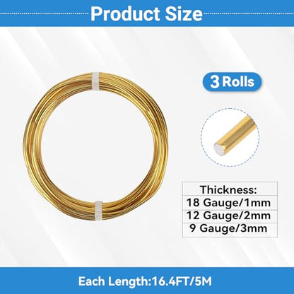 3 Rolls Aluminum Craft Wire Kit with Side Cutter Pliers, Multi-Size [18/12/9] Gauge, Flexible Metal Wire Set for Jewelry Making, Bonsai and Sculpting (49.2 Ft Total, 16.4 Ft/Roll, Gold) - size: 3 Gauges Set 16.4Ft Each, style: Gold