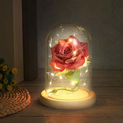 PATIKIL 6.1"x4.7" Clear Cloche Glass Dome, Glass Bell Jar Display Case Tabletop Centerpiece with Wood Base and LED Fairy Light for Wedding Home Decor - size: 6.1x4.7"