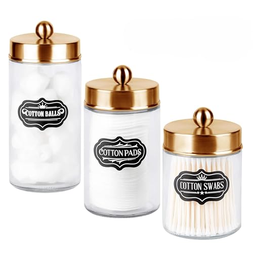 Apothecary Jars 3 Pack - Glass Bathroom Containers with Stainless Steel Lids - Rustic Farmhouse Decor Bathroom Accessories, Vanity Organizer Apothecary Jars for Qtip/Cotton Balls (Gold) - color: Gold