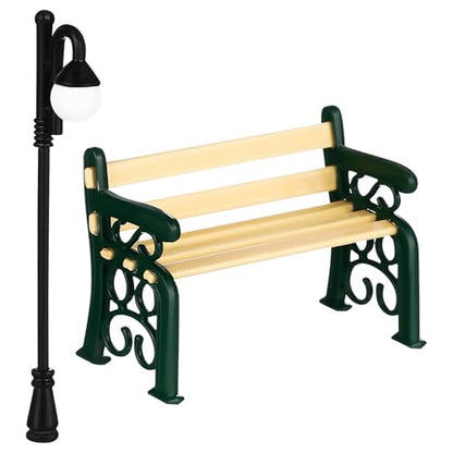 SEWACC Mini Bench and Miniature Street Lamp Set 1.96X1.37X0.90In Mini Furniture for Dollhouse Park Stool and Lamp Post Decor for Dollhouse Accessories and Garden Scene Layout