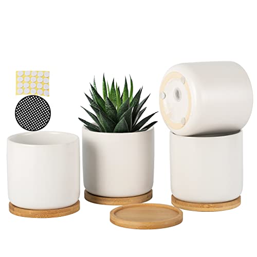 4 Inch Ceramic Plant Pot with Saucer, White Planters Pots with Drainage Hole and Mesh Pads for Succulent, Snake, Cactus, Herbs - 4 Packs(Plant Not Included) - color: White