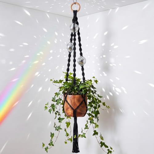 Shappy Boho Macrame Plant Hanger, Large Hanging Planter Plant Holder Pot Hanger Hanging Basket Wall Planters, Plants Lover Gift for Indoor Garden (Disco Ball, Black) - color: Black, size: Style F