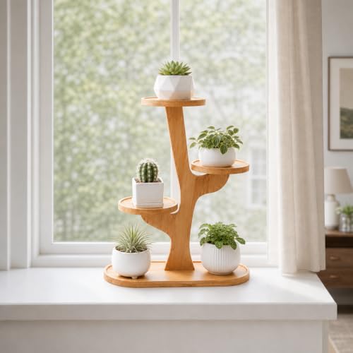 window shelf for plants - 4 Tier bamboo plant stand for Indoor | small plant stand & narrow plant stand for Windowsills