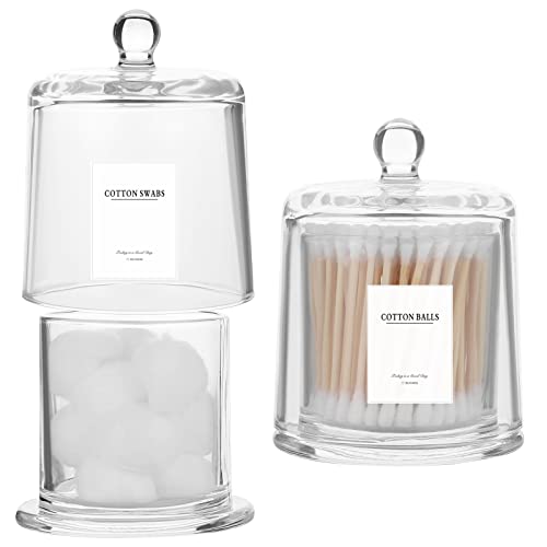 rejomiik 2 Pack Qtip Holder Thick Glass Apothecary Jars with Lid for Bathroom Accessories Vanity Organizers and Makeup Storage for Cotton Ball, Swabs, Makeup Sponges, Candy, Jewelry, Clear | Bathroom Canisters Vanity Organizer for Cotton Balls, Swabs, Can