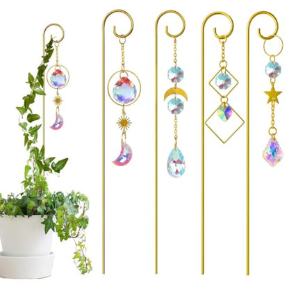 4 Pcs Small Trellis for Potted Plants Indoor with Crystal Sun Catcher Pendant, Metal Plant Stake for Mini Potted Plant Decoration for Home Window Garden