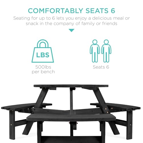 Best Choice Products 6-Person Circular Outdoor Wooden Picnic Table for Patio, Backyard, Garden, DIY w/ 3 Built-in Benches, 500lb Capacity - Black - color: Black