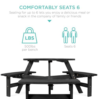 Best Choice Products 6-Person Circular Outdoor Wooden Picnic Table for Patio, Backyard, Garden, DIY w/ 3 Built-in Benches, 500lb Capacity - Black - color: Black