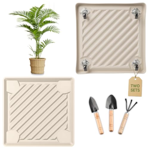 11" SquarePlant Caddy Beige with Hidden Wheels & Garden Tools Set | 2-Pack 230 LBS Heavy Duty Plant Caddy with 360° Silent Wheels for Large Planters & Heavy Items Indoors/Outdoors - size: 11 Inches - Beige (2 Pcs)