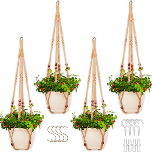 4 Pack Macrame Plant Hangers Indoor Set Large Crochet Hanging Holder, Brown - color: Brown