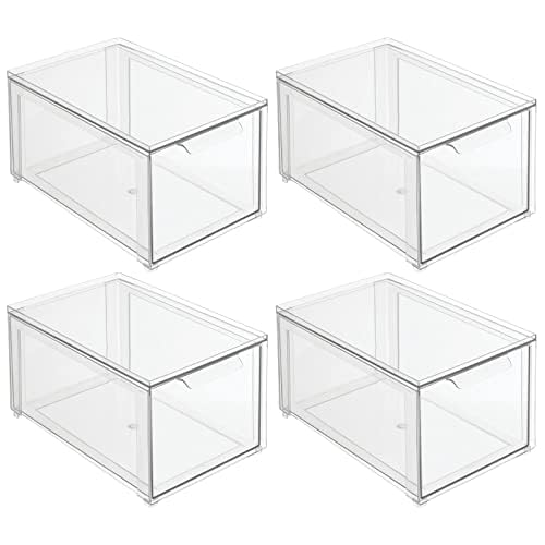 mDesign Plastic Stackable Bathroom Storage with Pull Out Bin Organizer Drawer for Cabinet, Vanity, Shelf, Cupboard, Cabinet, or Closet Organization - Lumiere Collection - 4 Pack - Clear - size: 8 x 12 x 6 (Pack of 4)