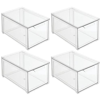 mDesign Plastic Stackable Bathroom Storage with Pull Out Bin Organizer Drawer for Cabinet, Vanity, Shelf, Cupboard, Cabinet, or Closet Organization - Lumiere Collection - 4 Pack - Clear - size: 8 x 12 x 6 (Pack of 4)