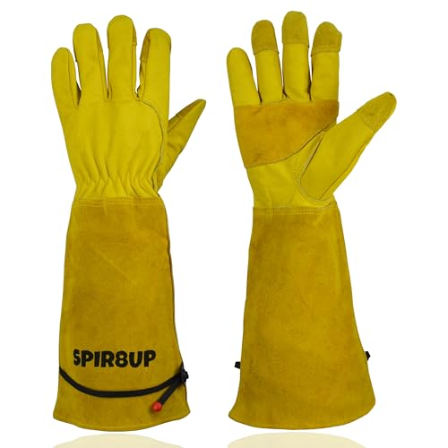 Cowhide Rose Pruning Gloves, Thorn Proof Long Gardening Gloves for Women & Men, Durable Gauntlet for Cactus Handling - size: Large