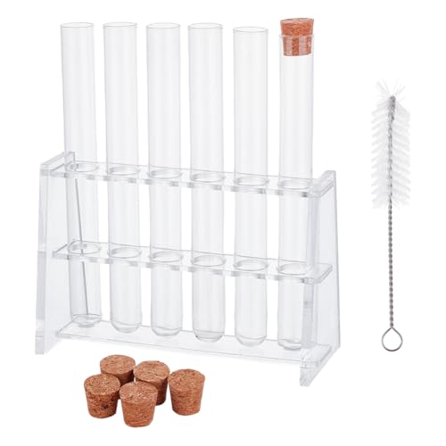 OLYCRAFT 6Pcs 20ml Glass Test Tube with Cork Stopper 6x0.6 Inch Transparent Glass Tubes Bottles with 6 Holes Acrylic Rack for Plants Propagation Scientific Experiments Storage