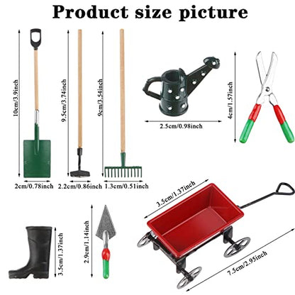 Miniature Fairy Garden Accessories Set 9 Pcs 1:12 Mini Metal Spade Pestle Kettle Wagon Rake Garden Watering Supplies Micro Landscape Ornaments Dollhouse Accessories