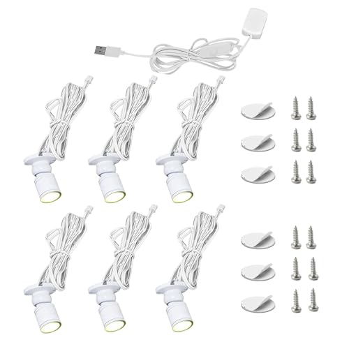 6 PCS Mini LED Spotlight for Display Cabinet, Aluminum USB Showcase Lights with Dimmer, 5V 1W Rotatable Jewelry Display Lighting for Painting Plant Picture (Warm White 3000K, White)