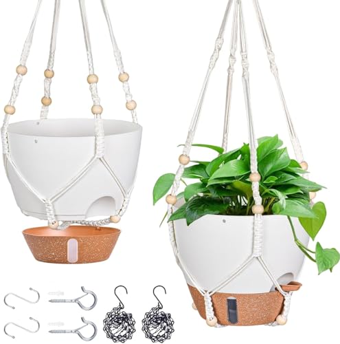 10 Inch Self Watering Hanging Planters for Indoor Outdoor Plants, 2 Pack | Hanging Baskets Flower Pots with Drainage Holes, Visible Water Window, Metal Chain & Macrame Plant Hangers,White - color: White, size: 10 Inch