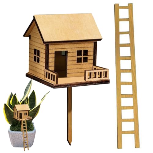 Mini Wooden Treehouse with Ladder, 7.5x6.5x6cm Miniature Houses Garden Decor, Tiny Plant Pot House Ornament for Houseplants, Desk & Terrarium, Easy to Assemble Miniature House Kit