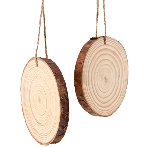JOIKIT 50PCS 3.5-4 Inches Natural Wood Slices with Pre-drilled Hole, 2/5" Thick Round Ornaments Unfinished Wood Circles Bulk with Bark for Craft Arts, Christmas, DIY Painting, Wedding Decorations - size: 3.5-4 Inch 50 PCS Hole