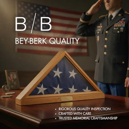 Bey-Berk Custom Personalized Solid Wood Triangle Glass Front Flag Display Case (Oak) - color: Oak