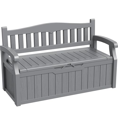 Greesum 80 Gallon Storage Bench Outdoor Deck Box with Armrest, Grey - color: Grey, style: 80 Gallon