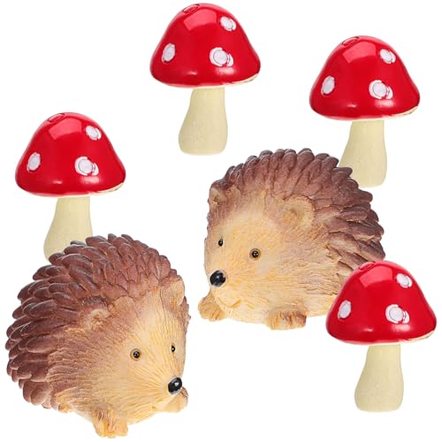 Toyvian Mini Resin Hedgehogs Figurines and Mushroom Decor Set 6-Piece Miniature Garden Accessories for Fairy Gardens Terrariums Plant Pots Tabletops and Craft Projects