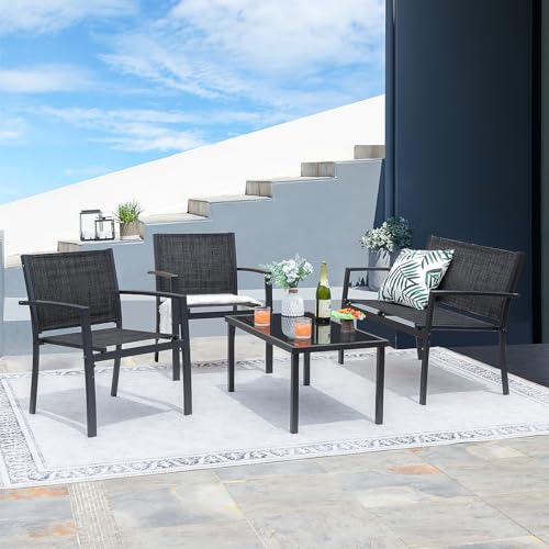 Greesum 4 Pieces Patio Furniture Set Outdoor Conversation Textilene Fabric Chairs for Lawn, Garden, Balcony, Poolside with A Glass Coffee Table, Black - color: Black, style: 4 Pieces