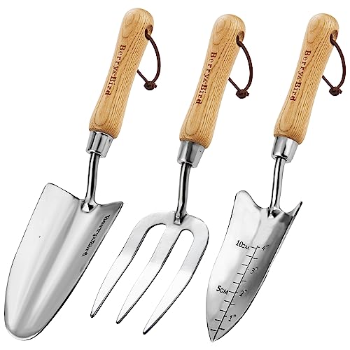 Berry&Bird Garden Tool Set- 3PCS Stainless Steel Gardening Tool Sets with Wooden Handle Trowel Weeding Fork & Digging Shovel Hand Tool Kit for Planting, Ideal Gardening Gift for Women & Men - style: Garden Hand Tool
